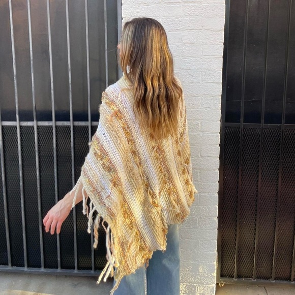Beautiful Handmade crochet Cream and gold striped fringe shawl with a boho vibe - Picture 1 of 6